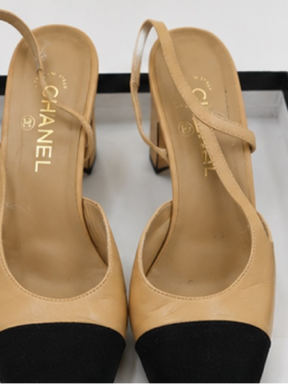 CHANEL Two-Tone Slingback Pumps in Tan and Black